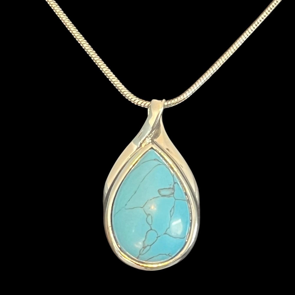 Lia Sophia Teardrop Pendant Necklace Silver Tone Turquoise Cabochon Boho Vintage